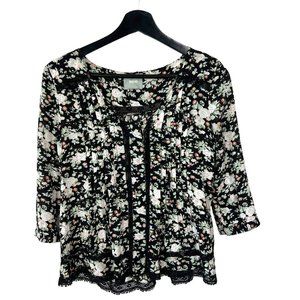 Maeve Celyn Black Floral Long Sleeve Pleated Front Button Up 0